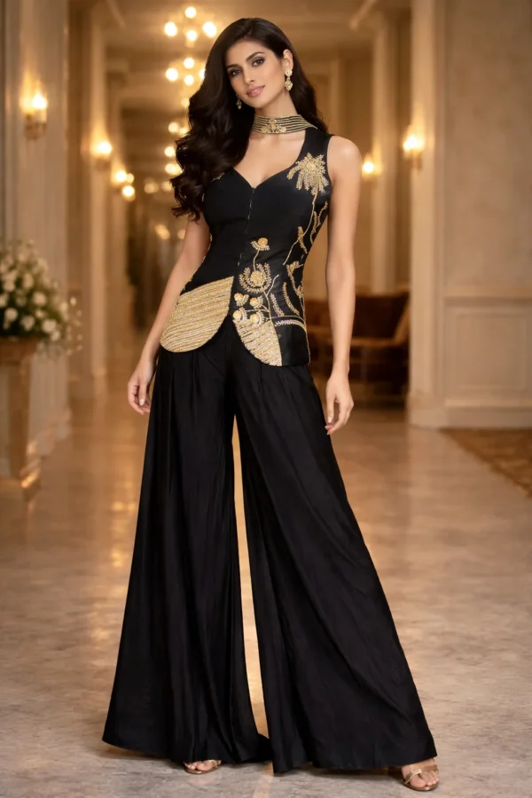 Black zardosi and cut dana embroidered Indo western crop top palazzo set for wedding and reception wear