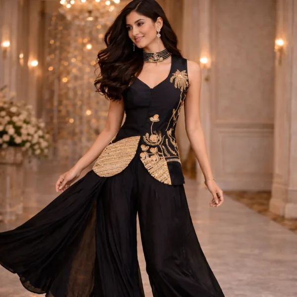 Black Indo western crop top palazzo set for wedding reception and festive wear