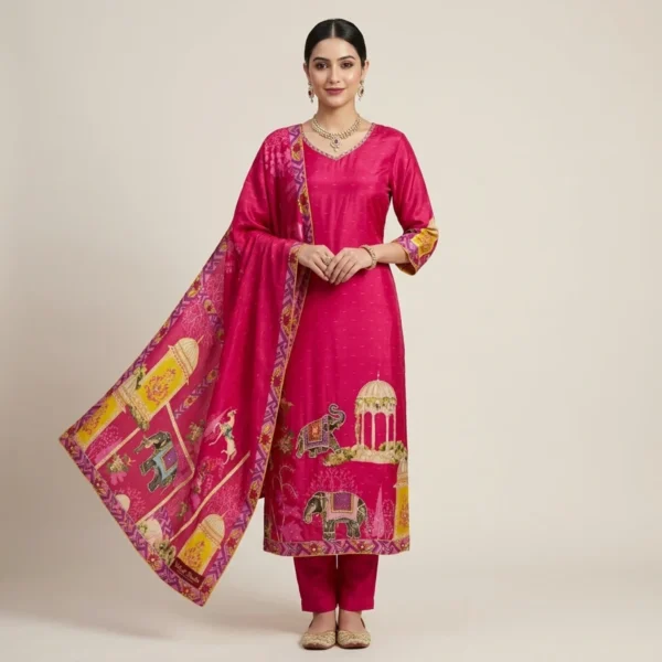 Fuchsia Printed Kurta Set for Women in Pune | VELVET STUDIO